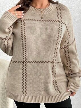 Beige Plaid Crewneck Sweater - Women
